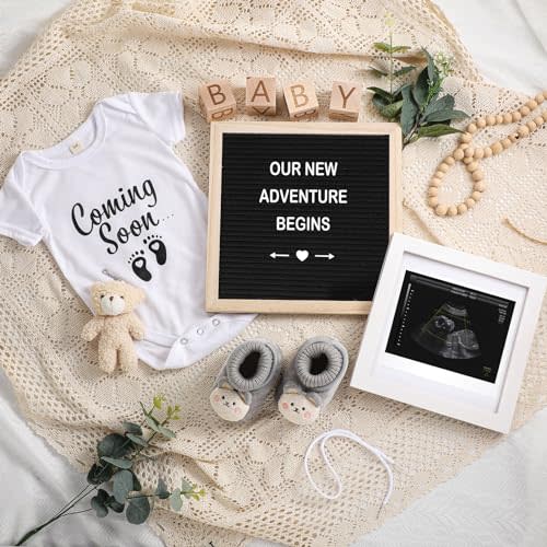 Canlierr 9 Pcs Pregnancy Announcement Set Pregnancy Reveal Ideas Felt Letter Board Baby Bodysuit Booties Photo Frame Bear Plush Wood Blocks for Coming Soon Baby Announcement(Black)