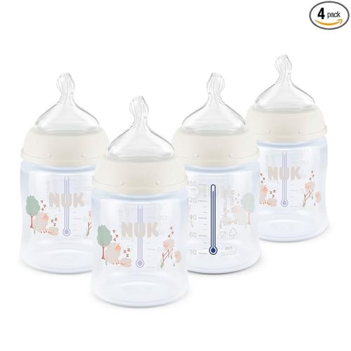 NUK First Choice Smooth Flow Anti-Colic Bottle, Peach, 5 oz. Baby Bottle with SafeTemp Temperature Indicator, Newborn Essentials, 4-Pack