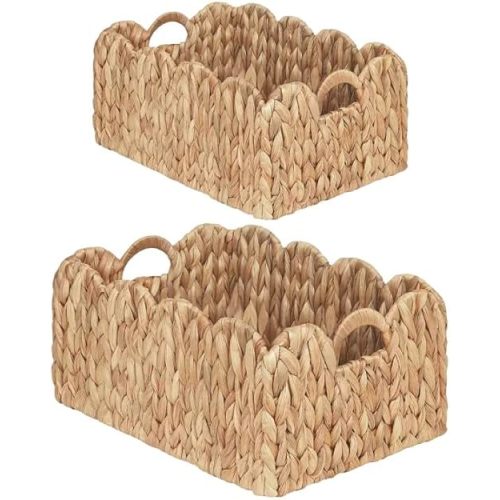 iEGrow Scalloped Wicker Basket, Set of 2 Woven Rattan Natural Water Hyacinth Baskets with Built-in Handles, Rectangle Storage Baskets for Organizing, Decor, Shelf and Nursery Room
