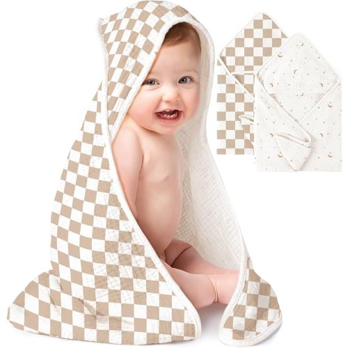 Konssy 2-Pack Muslin Hooded Baby Towels, 100% Cotton, Ultra-Soft & Absorbent Baby Bath Towels with Hood for Newborn & Infant (Coffee Check,Moon,32" x 32")