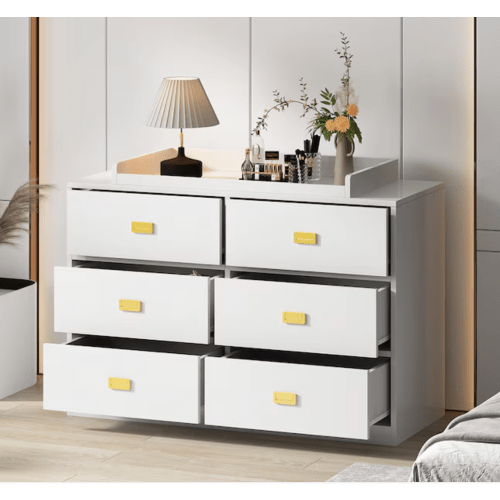 White 6-Drawer Storage Chest Dresser with Gold Handles and Raised Backsplash 45.3''L x 18.9''W x 30.1''H