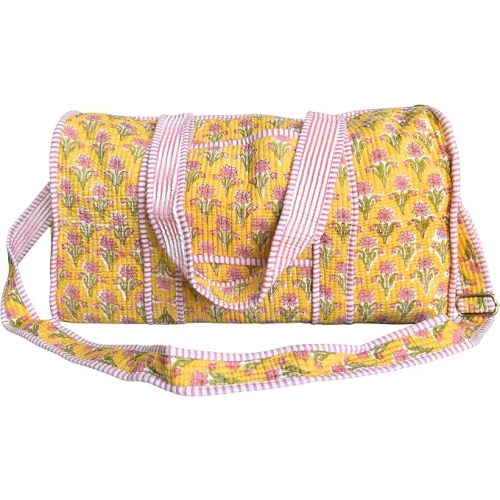 ATOSII Handblock Print 100% Cotton Large Quilted Duffle Bag for Overnight Trip, Travel Weekend Bag, Gym, Luggage, 2 Pockets with Zipper, 1 Front Pocket, Detachable Long Strap, 20 X 10 X 12 Inches, Sol