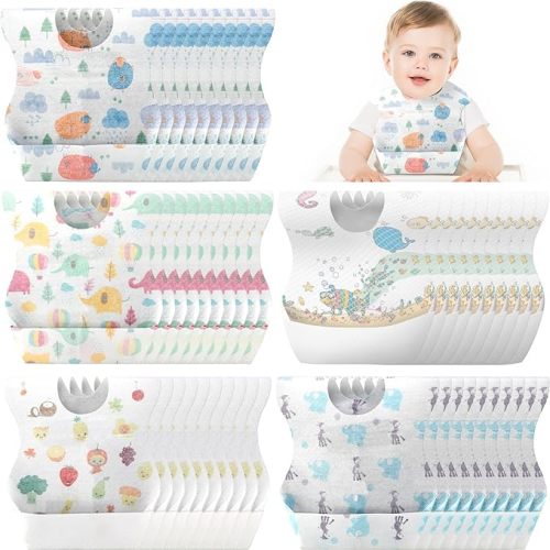 Shinymoon 100 Pcs Disposable Baby Bibs Individual Wrapped Travel Bibs Waterproof Food Catcher for Toddlers Girls Boys Feeding