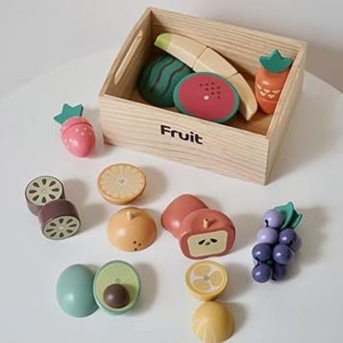 Kitchen Toys-Wooden Toys and 6 Crates, Fake Food, Kitchen Tool, 100% Wood, Food Sets, Kids Kitchen, Fruits, Meat and Fish, Bakery, Cutting Set, Pretend Toy for Toddlers, Kids Ages 3+ (Fruit)
