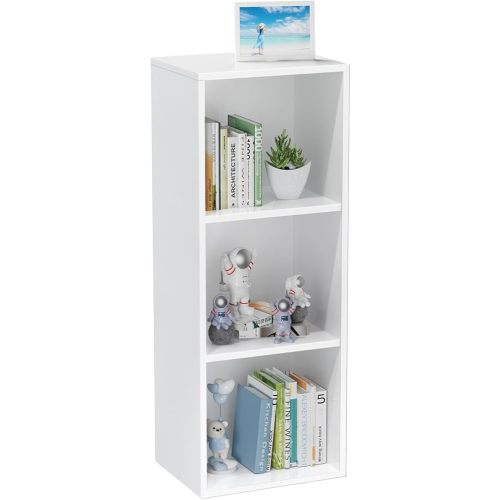 3 Tier Bookshelf, Narrow Bookcase for Small Spaces, Wooden Book Case Bookshelves Storage Organizer for Bedroom Living Room Home Office (White, 3 Cube)
