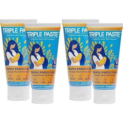Triple Paste Diaper Rash Cream for Baby,3 Oz,Zinc Oxide Ointment Treats,Soothes & Prevents Diaper Rash,Pediatrician-Recommended & Hypoallergenic,Baby Essentials for Daily-& Overnight,(Pack of 4)