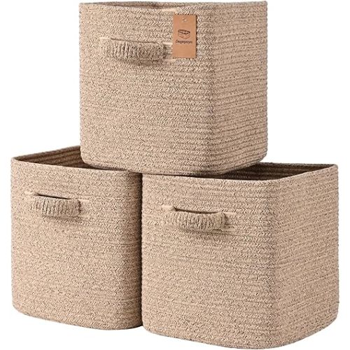 Degeyoyo 11 Inch Storage Cubes, 3 Pack Cube Storage Bins for Organizing, Cotton Rope Woven Baskets for Shelves, Bathroom, Kids Room, Closets, Baby Nursery