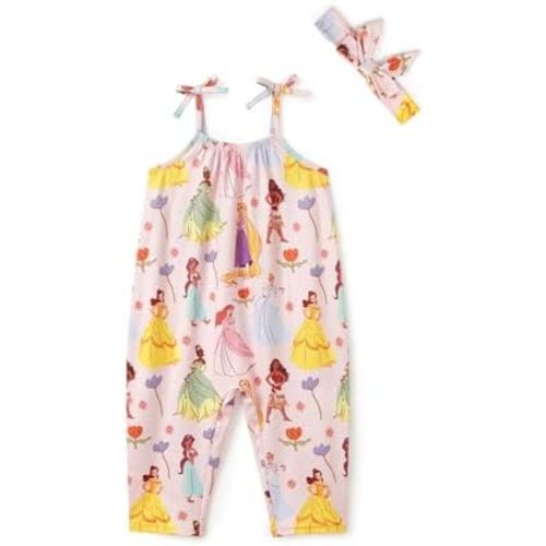 Disney Frozen Elsa Princess Minnie Stitch Marie Girls Romper with Bow Tie Strap and Headband Cute Jumpsuit for Baby & Toddler