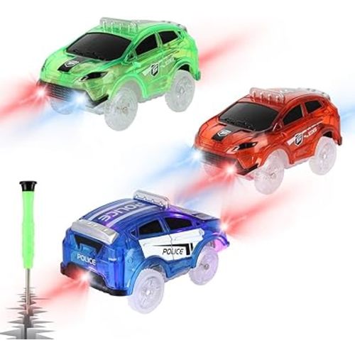 Tracks Cars Only Replacement, Flex Track Race Cars for Magic Tracks Glow in the Dark, LED Lights Up Battery Operated Snap N Glow Trax Cars Accessories, Compatible with Most Car Tracks for Kids (3pack