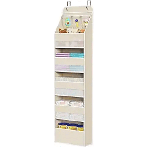 Univivi 6-Shelf Over Door Hanging Organizer Fabric Baby Door Storage with 5 Extra Large Capacity Pockets Behind the Door Hanging Storage Organizers Easy Install Door Storage for Baby Essential (Beige)