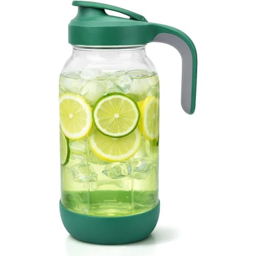 Sursip 64 oz Glass Pitcher with Pour Spout Lid, 2 Quart Mason Jar Pitcher for Fridge Airtight & Leakproof - Wide Mouth Non-Slip Water Pitcher for Cold Brew Coffee, Juice,Lemonade - Green