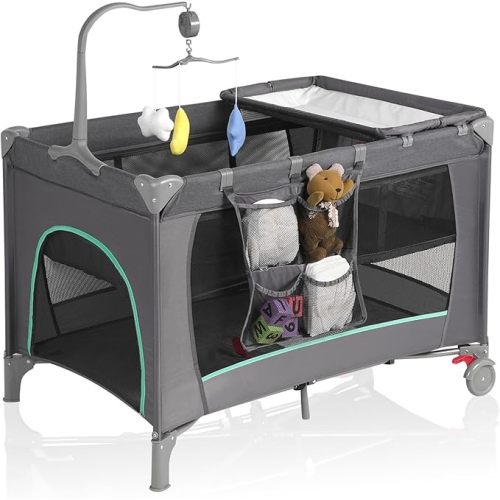 Pack and Play, Travel Crib, with Changing Table, Portable Pack and Play, with Carry Bag, Foldable, Portable Crib for Toddlers 1-3 （Grey）