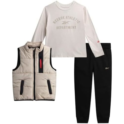 Reebok Baby Boys Pants Set - 3 Piece Zip Puffer Vest Jersey Long Sleeve Shirt & Fleece Boys Joggers for Infant Toddler & Kids