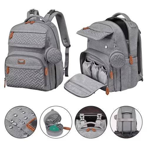 BabbleRoo Diaper Bag Backpack, Travel Backpack, Pacifier Case & Stroller Straps, Multifunction, Waterproof, Unisex Light Gray