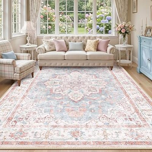 CAPALOCA Machine Washable Rugs Nursery Rug 9x12 Cute Girl Non Slip Low Pile Water Repellent Soft Print Pattern for Bedroom Indoor Decor Kids Playroom Pink Blue