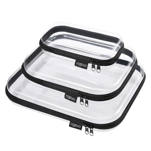 YQBRAO 3-Pack Clear Hard Shell Zipper Case Black, 1.2mm Heavy-Duty Crush-Proof Travel Makeup Bag, Multi-Size (L+M+S) Diaper Bag Organizer Pouches, Rigid Clear Zipper Pouches for Tech, Toys & Home