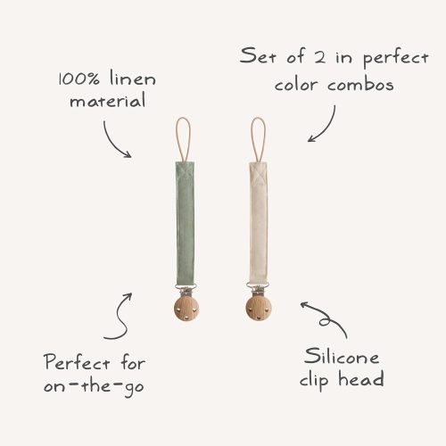 mushie Linen Baby Pacifier Clip Holder (Olive/Shifting Sand) | Soft Linen Fabric, BPA-Free Clip, 2 Pack, Universal Fit