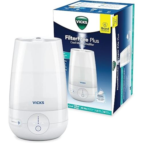 Vicks FilterFree Plus Cool Mist Plus Humidifier (VUL565), Medium Room –Filter-Free Cool Mist Humidifier for Baby, Kids and Adult Rooms, Works with Vicks VapoPads