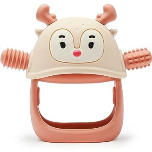 Smily Mia Teething Toys/Teethers for Babies 6-12 Months, Reindeer Baby Chew Toy 3-6 Months for Teething Relief, Get-A-Grip Baby Hand Teether, Silicone Teething Mittens for 0-6Months, Nude