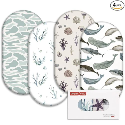 Gllquen Baby Bassinet Sheets 4 Pack, Breathable Cozy Fitted Mattress Sheet, Elastic Travel Crib Fashionable Pattern, Standard Cradle Safe Sheets for Baby Boys Girls 32"x16" (Marine)