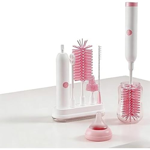 Rechargeable Electric Bottle Brush with Stand - 360° Spin Silicone Cleaner for Baby Bottles, Breast Pumps & Small Household Containers (Pink)