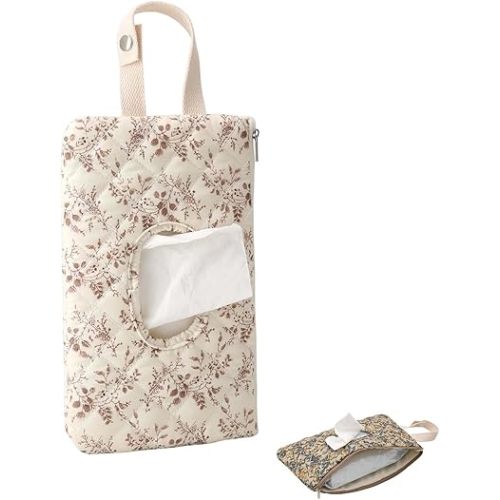 Quilted Baby Wipe Holder,Quilted Baby Diaper and Wipes Pouch,Floral Diaper Pouch Portable,Reusable Wipes with Lanyard,Convenient Wipe Pouches for On-The-Go Parents (Beige)