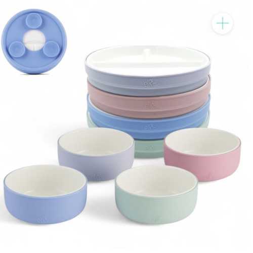 Kids Porcelain Mealtime Bundle | Suction Sleeves | 6.7" Plates + Bowls | 8 Pcs | Blush/Lilac/Sage/Misty Blue