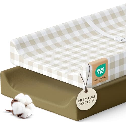 Pobibaby – 2 Pack Premium Changing Pad Covers for Boys, Ultra-Soft Breathable Cotton Diaper Changing Table Covers – Neutral Nursery Changing Pad Sheets for Baby (Gingham Khaki)