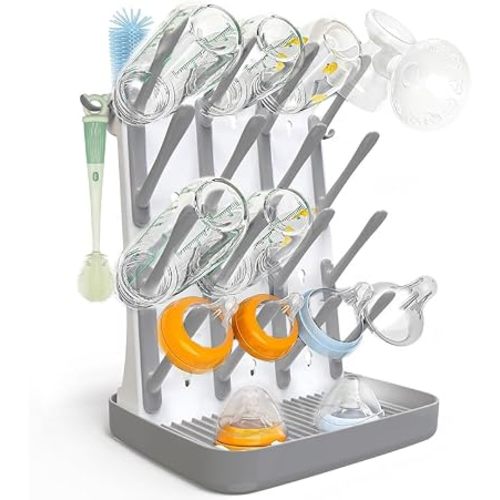Baby Bottle Drying Rack, Vertical Space Saving Bottle Dryer for Countertop, Holds 12 Bottles, BPA Free Baby Bottle Organizer with Removable Drip Tray for Pacifiers, Pump Parts & Accessories