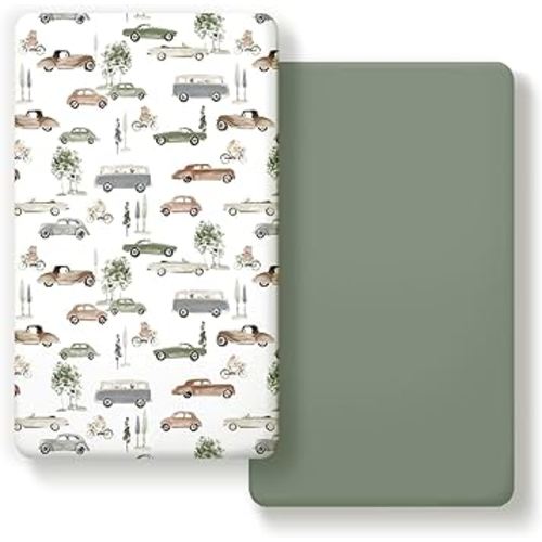 GRSSDER Stretchy Ultra Soft Jersey Knit Fitted Crib Sheets Set 2 Pack, Universal Fitted All Standard Crib Mattress Pads Safe and Snug, Crib Fitted Sheet for Baby, Neutral Pattern of Cartoon Cars Print