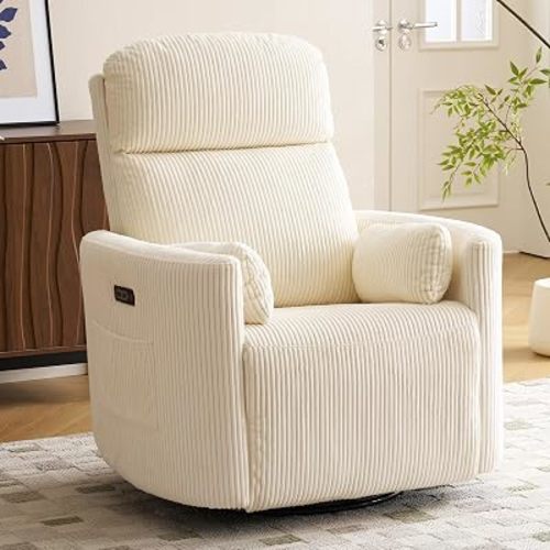 Oversized Power Recliner with Massage and Heat, Swivel Rocker Recliner with Adjustable Headrest, Glider Recliner Nursery Chair with 2 Pillows, Rocking Nursery Recliner for Living Room，Beige