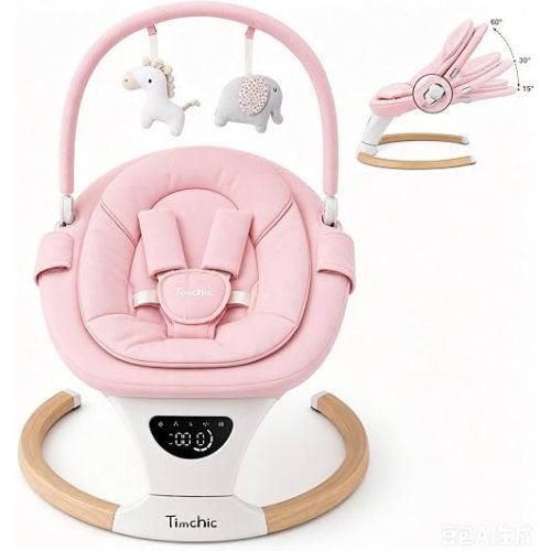 TimChic Baby Swing for Infants, Portable Electric Swing with Auto-Rocking Detection, 5 Speeds, 3 Heights, Remote Control, for Newborn to 9 Months (Pink)