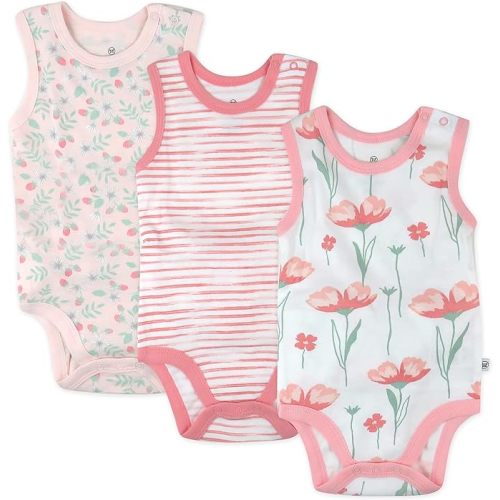 HonestBaby Envelope Neck Sleeveless Bodysuits 100% Organic Cotton (0-3 months) - Strawberry Pink Floral