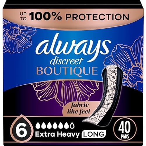Always Discreet Boutique Incontinence Pads, for Bladder Leaks, Extra Heavy Absorbency, Long Length, 40 Count (2 Packs of 20)