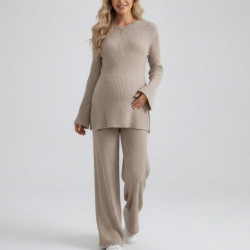 Anna-Kaci Women's Maternity 2 Piece Lounge Set Ribbed Knit Long Sleeve Top Wide Leg Pants Matching Set - Large, Khaki