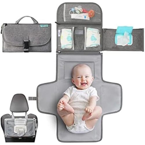 Kopi Baby Portable Diaper Changing Pad - Baby Diaper Changer Travel Bag with Wipes Pocket, Smart Design Portable Changing Mat, Infant Travel Station Kit, Gift for Newborn Girl & Boy - Grey, Premium