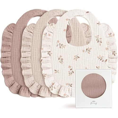Konssy Muslin Baby Bibs for Girls – Soft 100% Cotton Drool Bibs, Ruffle Trim for Newborns & Toddlers 0-36 Months 3-Pack