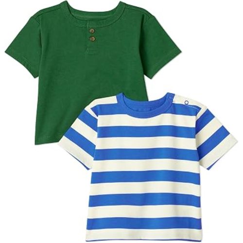 Amazon Essentials x Sofia Grainge Baby Boys' Cotton Crewneck Short Sleeve T-Shirts with Shoulder Snap, Pack of 2