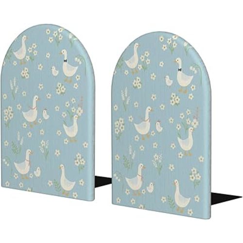 Cute Goose and Wildflower 1 Pair Modern Bookends Non-Skid Beech Book Holder Decorative Book Stopper for Home