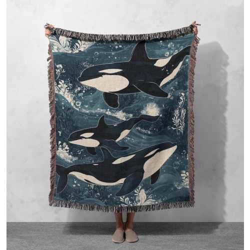 100% Cotton Orca Woven Blanket, Marine Wildlife Tapestry, Ocean-Themed Throw, Coastal Home Decor, Cozy Nautical Blanket