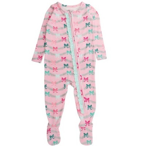 RuffleButts Modal Blend Baby Girls Ruffle One Piece Footie Pajamas - Sparkle Pink Tinsel Tidings, 3-6m