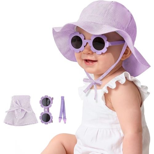 Durio UPF50+ Baby Sun Hat and Sunglasses - Sun Protection Hat for Boy Girl, Wide Brim Summer Beach Hats for Newborn Toddler