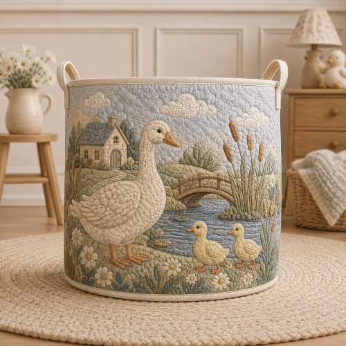 Quilted Goose Storage Basket for Baby, Farmhouse Nursery Hamper, Duckling Baby Shower Gift, Cottage Toy Organizer