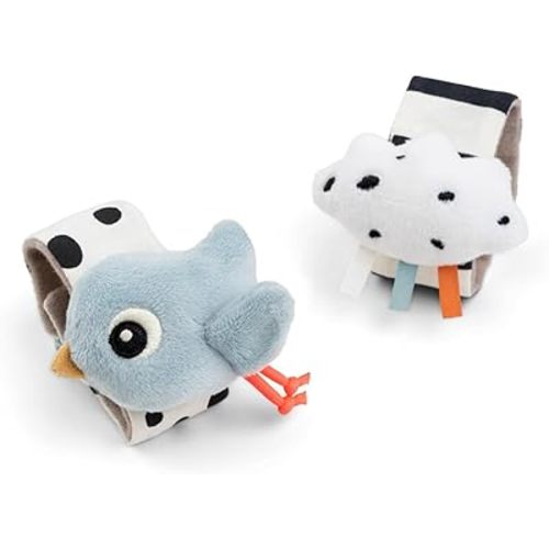Done by Deer Wrist Rattle Set for Babies - 2-Pack Happy Clouds – Newborn Sensory Toy with Crinkle & Rattle – Soft Blue Baby Bracelets for Wrist or Ankle – from 0 Months