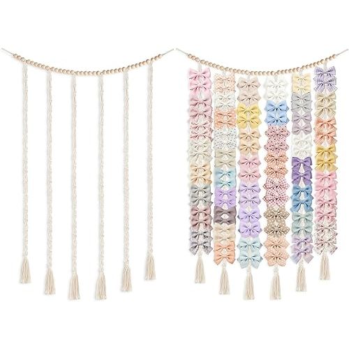 Dahey Macrame Bow Holder Hanging Hair Bow Organizer for Baby Girls Boho Wall Decor Handmade Headband Holder with wood beads Storage Hair Clips for Baby Nursery Room,1 PCS, Clips and Bows Not Included