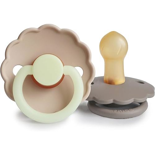 FRIGG Daisy Night Natural Rubber Baby Pacifier | Made in Denmark | BPA-Free (Portobello/Croissant, 0-6 Months) 2-Pack