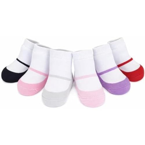 Baby Girl Socks with Mary Jane or Sneaker Shoe Look - Non-slip Gripper Soles - 3 or 6 Pairs - Soft Cotton