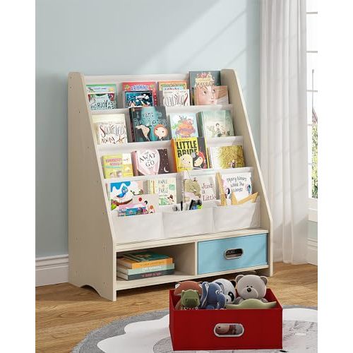 SEIRIONE Sturdy Kids Bookshelf, Tear-Proof Cotton Sling, Eco-Safe Toddler Bookshelf with 2 Cube Bins for Books & Toys, Beige/Wood Texture
