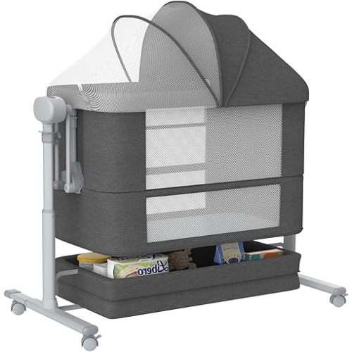 Electric Rocking Bassinet for Baby, 4 in 1 Baby Basinets Bedside Sleeper with Wheels, Automatic Bedside Bassinet with Remote Control, Crib in Bed Newborn with)5-speed height adjustment (Deep Grey)