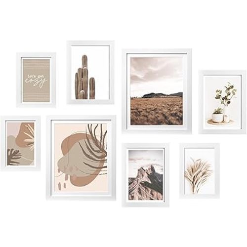 ArtbyHannah Gallery Wall Frame Set,White Picture Frames Collage Wall Decor with Neutural Art for Living Room Stariway,8 Pack Assorted Size 8"x10",5"x7",4"x6", Small